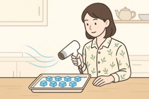 ドライヤーで琥珀糖を乾かす工程を描いたイラスト