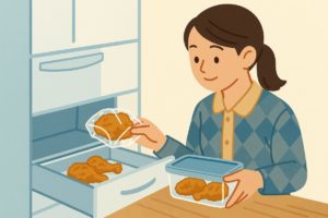 チキンをラップや密閉容器に丁寧に包んで保存する様子のイラスト