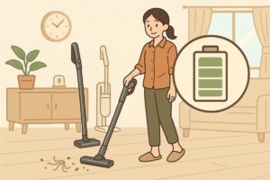 掃除機のバッテリー性能と連続使用時間を説明するイメージイラスト