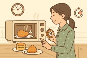 タイマーを見ながらチキンを加熱する主婦のイラスト