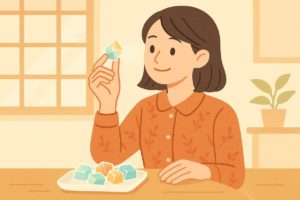 冷風ドライヤーで美しく仕上がった琥珀糖を見つめる女性を描いた、明るく温かいイラスト