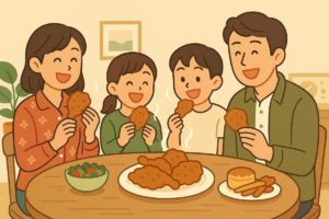 復活したチキンを笑顔で食べる家族のイラスト