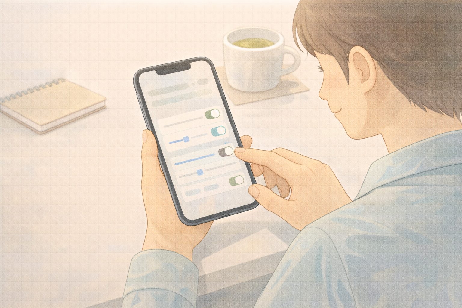 iPhoneの文字を見やすくするために設定を調整している様子のイラスト