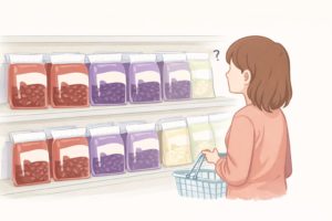 スーパーの売り場で白あんを探して迷っている様子を表した、落ち着いた雰囲気のイラスト