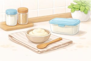 白あんを少量から試してみようとする気持ちを表した、落ち着いた家庭向けのイラスト