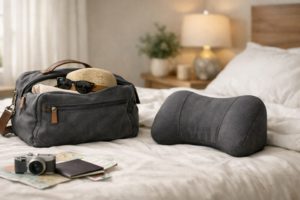 旅行前に腰痛クッションを準備する落ち着いたシーン