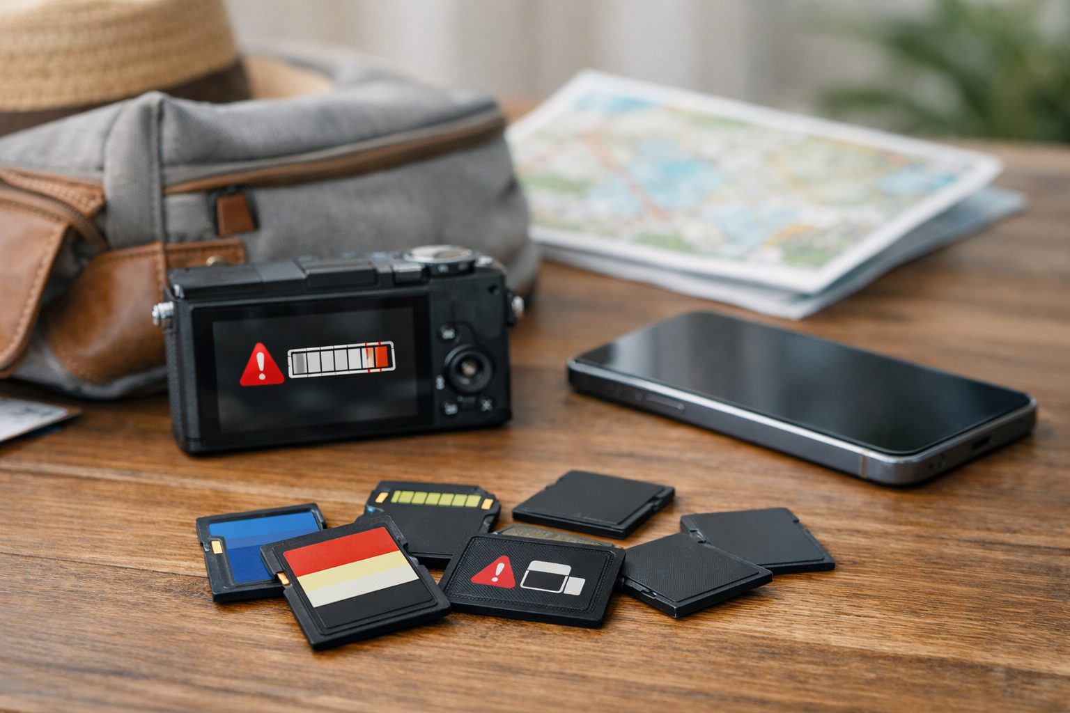 旅行中にカメラやスマホで撮影していてSDカードの容量が足りなくなりそうな状況を表したイメージ