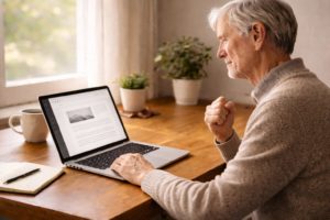 ChatGPTでブログ作業が楽になり達成感を感じる高齢者のイメージ