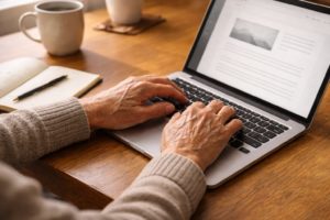 ChatGPTでブログ記事を編集する高齢者の横顔と両手のイメージ