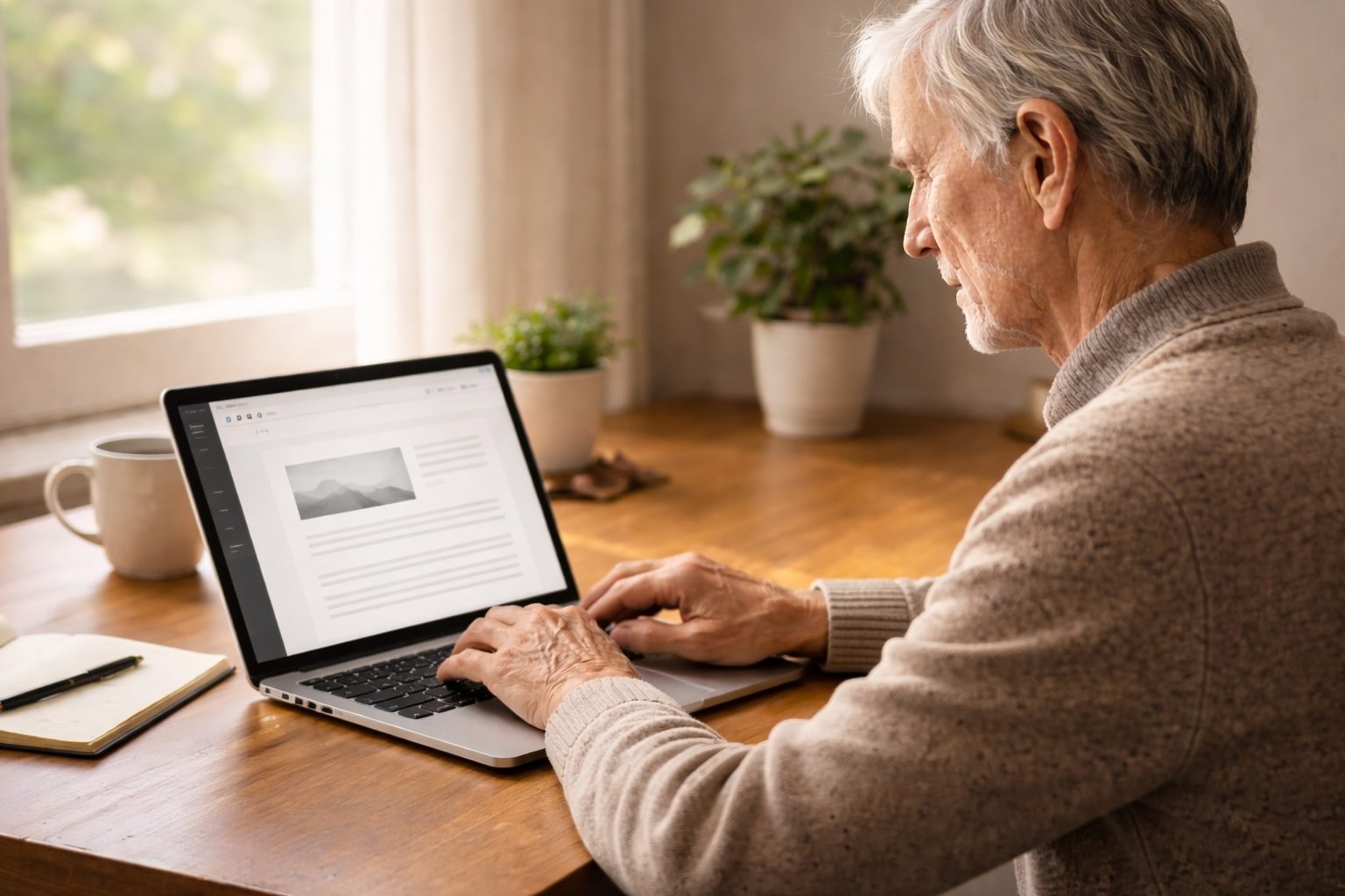 ChatGPTを使ってブログ作業をする高齢者の横顔と両手のイメージ