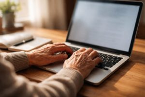 ノートパソコンでChatGPTを使い始めた高齢者の手元の様子