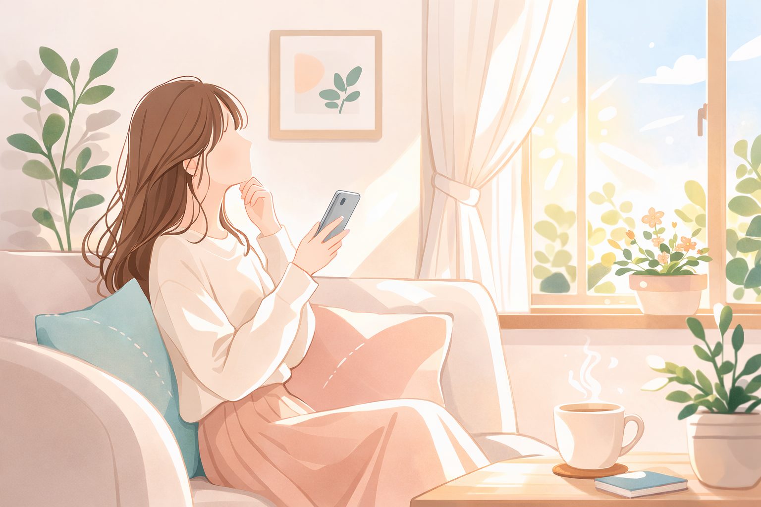 体調を気遣うメッセージを考えながらスマートフォンを見る女性のイメージ